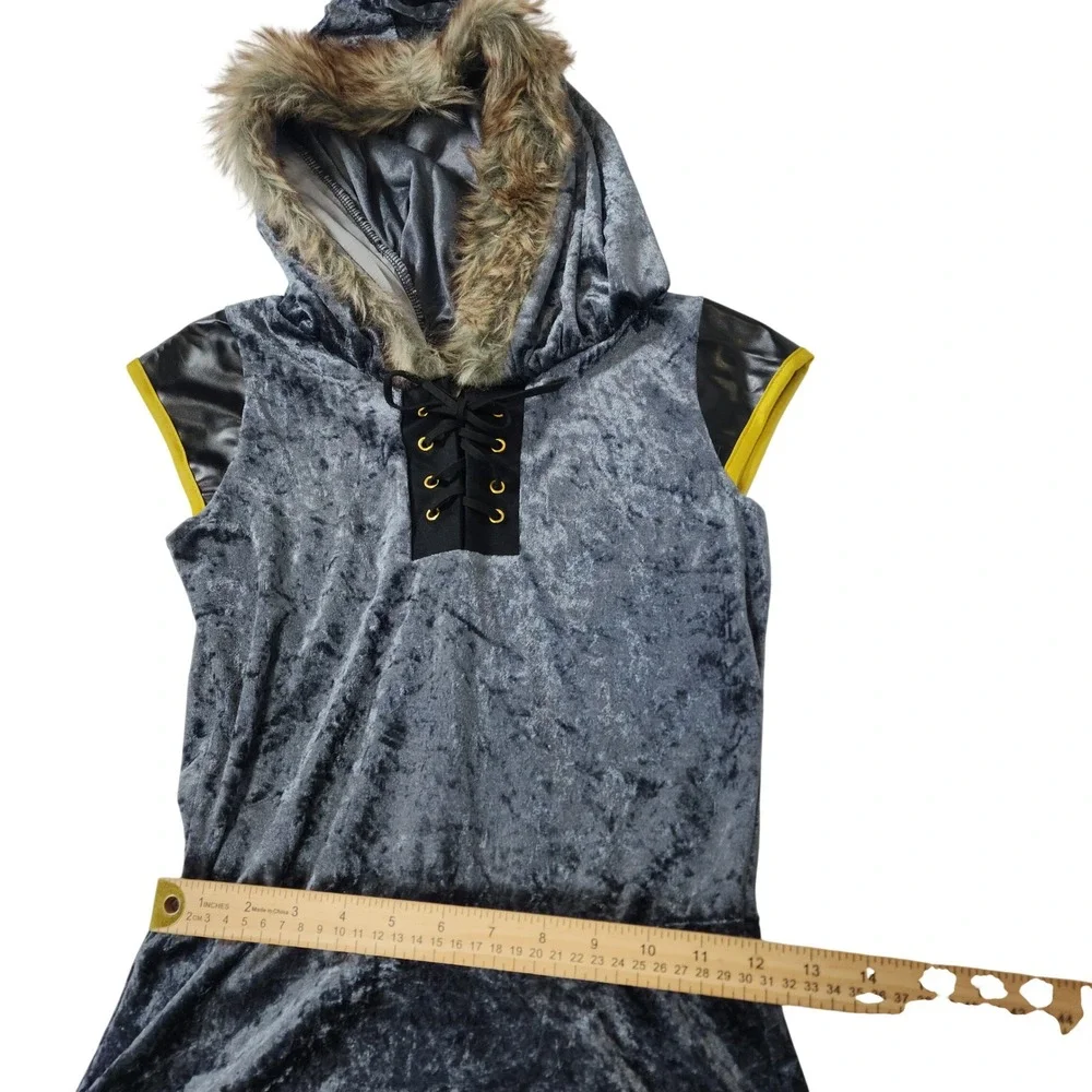 Kids Blue Crushed Velvet Medieval Fantasy Costume Dress  Fur Hood Large 12-14